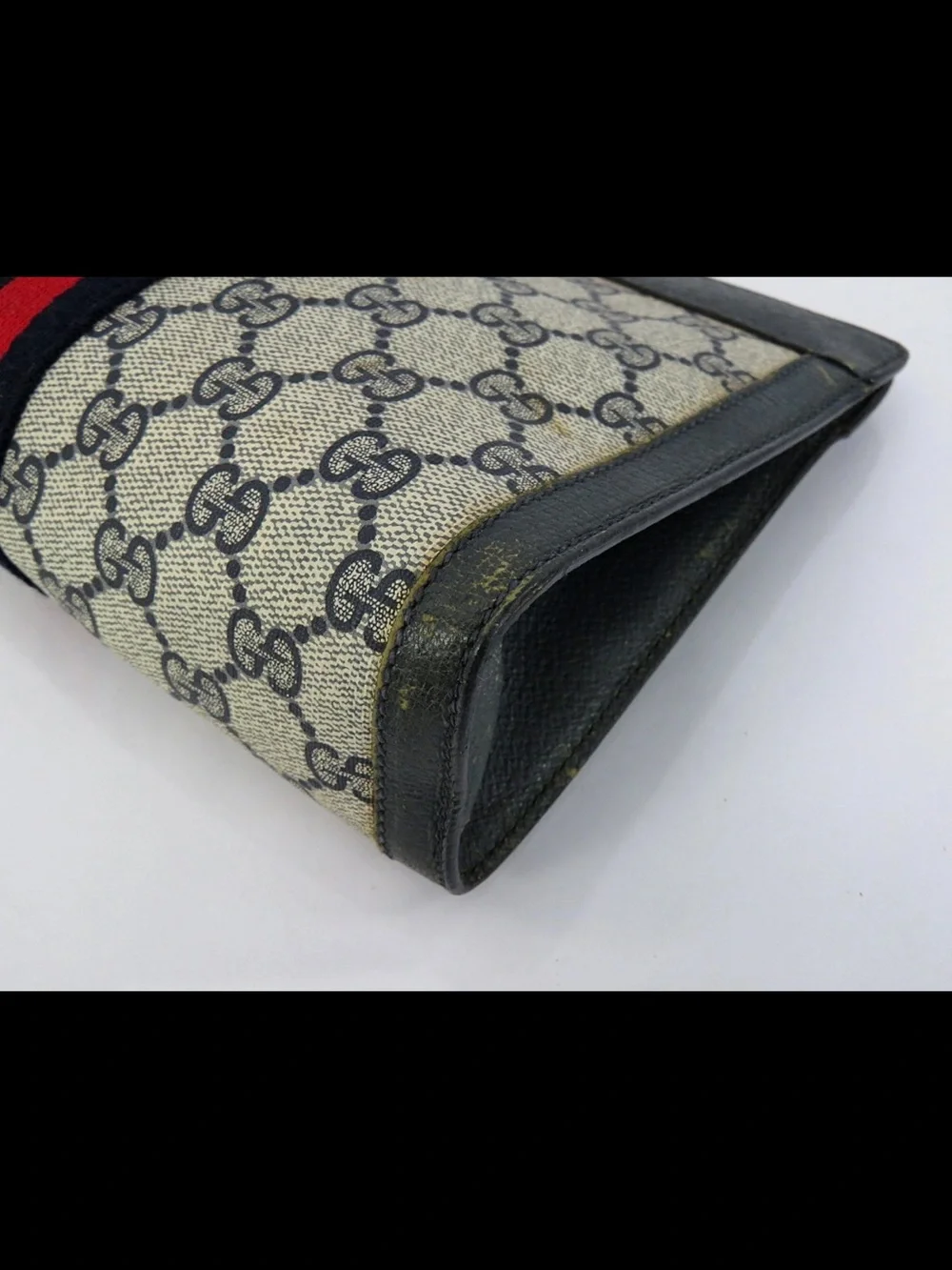 Gucci Beige GG Canvas Clutch with Black Trim and Red/Navy Web Stripe